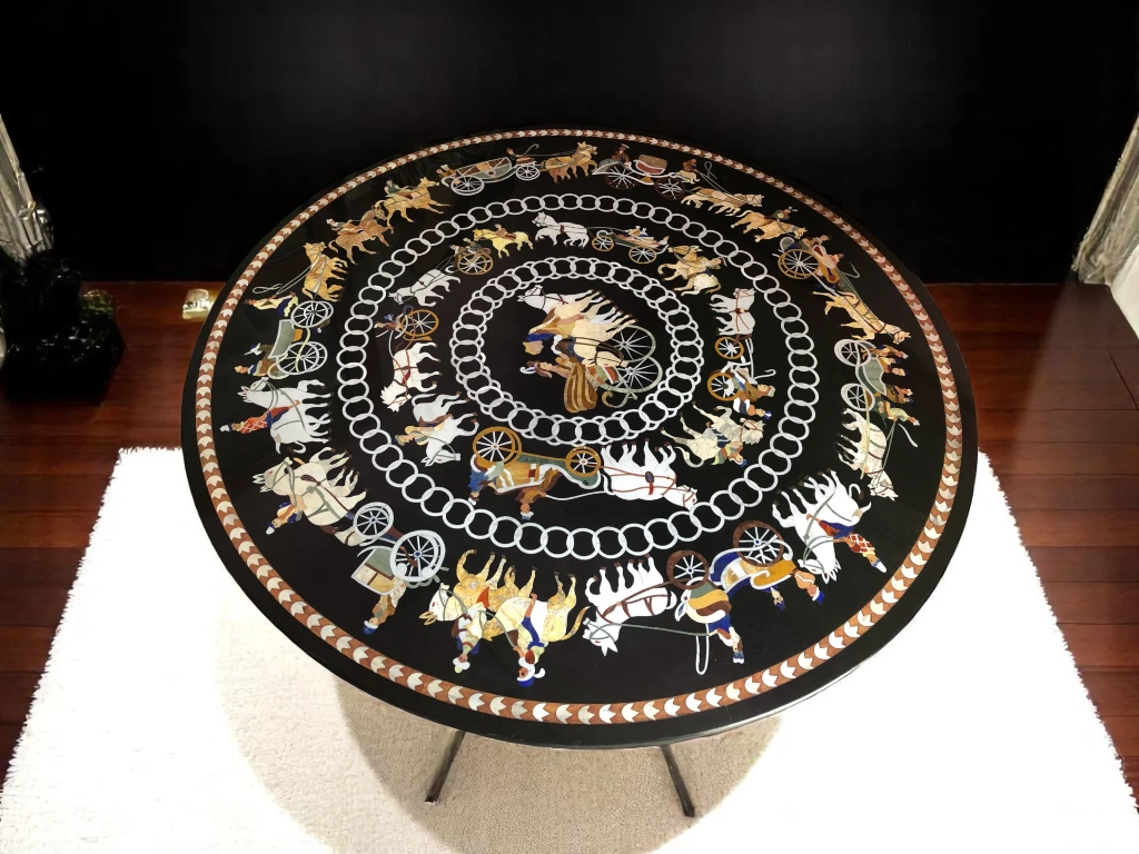 Stunning Black Marble Dining Table Featuring Intricate Inlay Design
